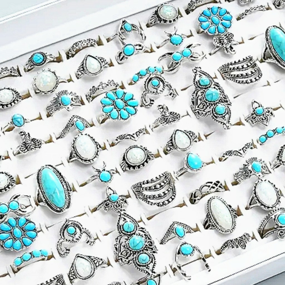 Silvertone Turquoise Opal Faux Lot of 40 Rings Boho Flower Fashion Ring GIFT New - Picture 1 of 15